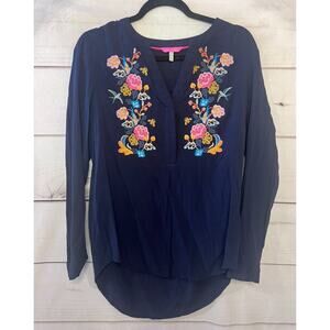 Joules Women's Top Size 6 Navy with Floral Embroidary Preppy Fun